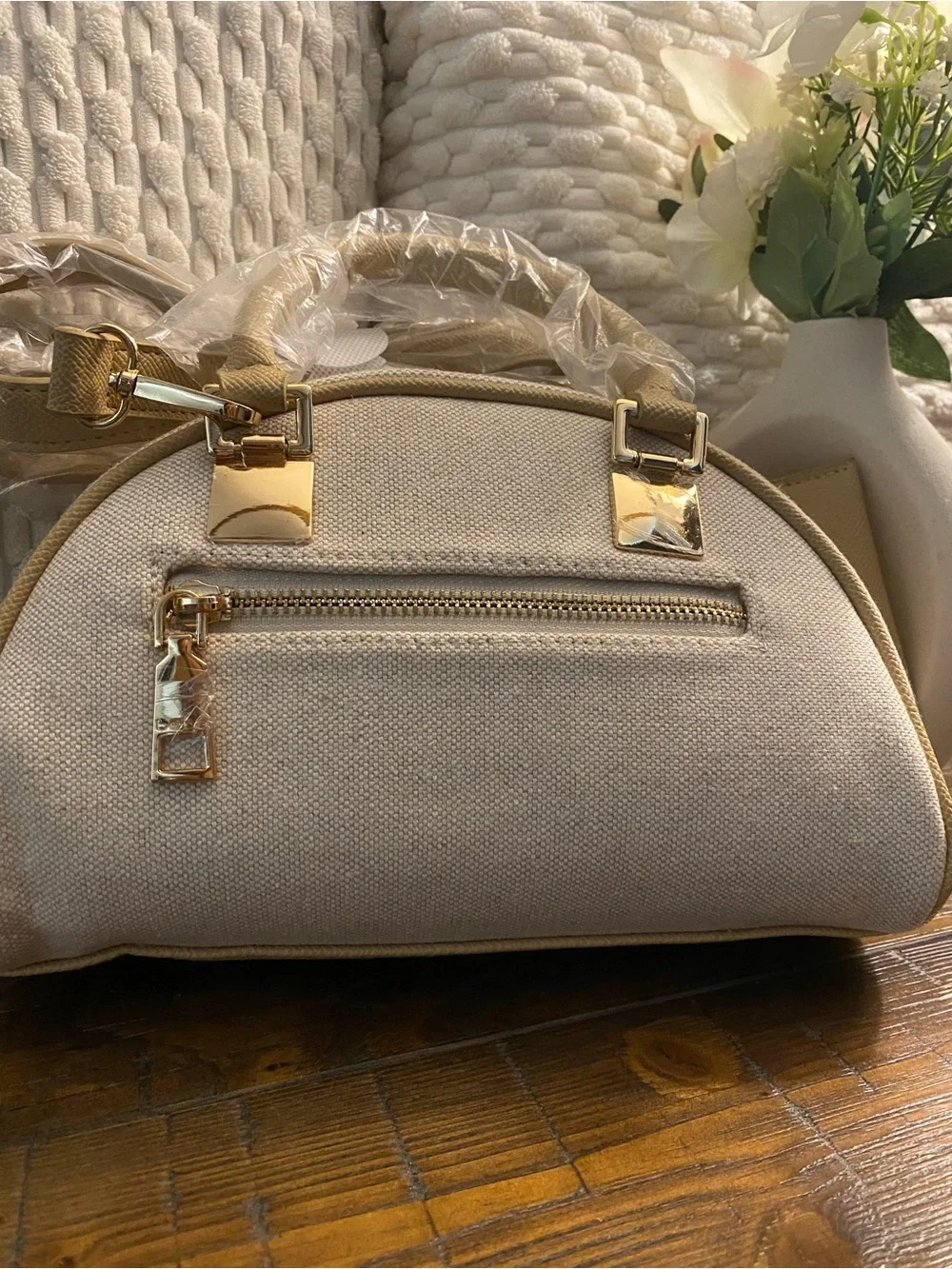 bebe Beige and Gold Dome Mini Satchel